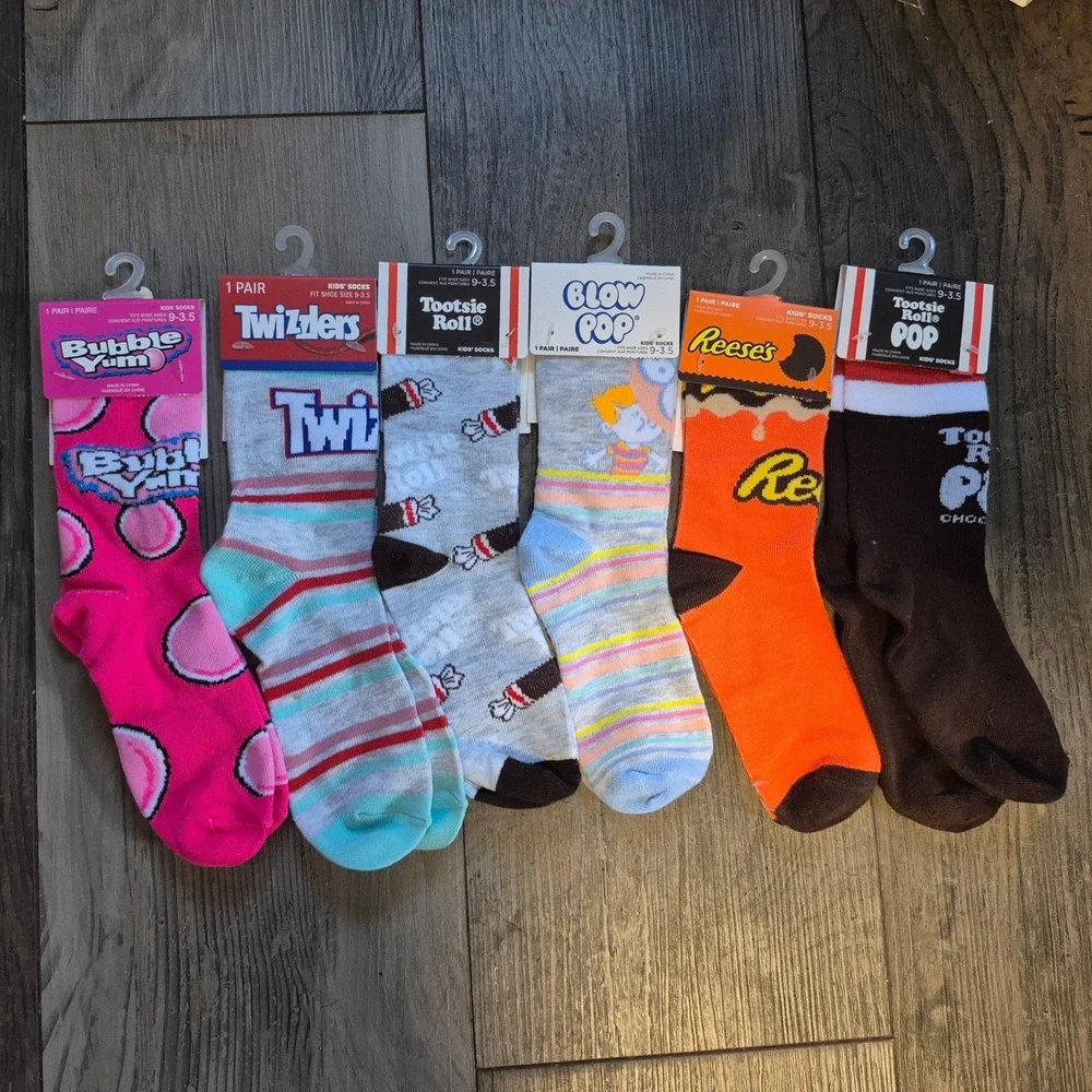 6 Pair Kids Candy Socks Set Reeses Twizzlers Tootsie Roll Blow Pop Bubble Yum